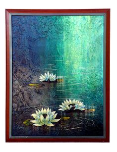 two white water lilies floating on top of a pond in front of a green background