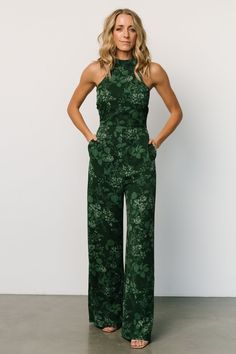 Freya Halter Jumpsuit | Emerald Floral - Baltic Born Officiant Attire, Wedding Guest Pants, Black Halter Jumpsuit, Formal Wedding Attire, Green Floral Design, Formal Jumpsuit, Baltic Born, Wedding Jumpsuit, Jumpsuit Dressy