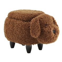 a brown dog shaped stool with black legs and nose on it's head, sitting in front of a white background