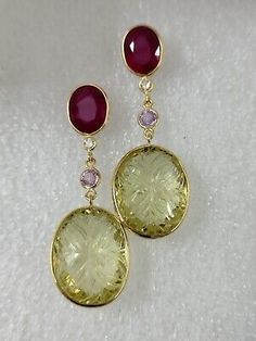 14 K Gold  Earrings Ruby Pink Sapphire Carved Lemon Quartz Natural Diamonds  | eBay Lemon Quartz, Gold Collection, Stunning Earrings, Gold Drop Earrings, Fine Jewellery Earrings, Quartz Stone, Pink Sapphire, Round Diamonds, Natural Diamonds