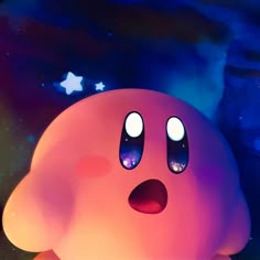 a close up of a very cute looking object with big eyes and glowing stars in the background