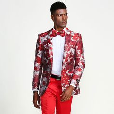 Red Floral Tuxedo Jacket Slim Fit - Blazer Fitted Satin Blazer For Weddings, Tailored Spring Semi-formal Tuxedo, Elegant Red Silk Outerwear, Party Tuxedo Style Satin Outerwear, Formal Satin Tuxedo-style Outerwear, Tailored Satin Tuxedo Outerwear, Party Satin Tuxedo Outerwear, Tailored Satin Tuxedo Style Outerwear, Tailored Long Sleeve Spring Tuxedo