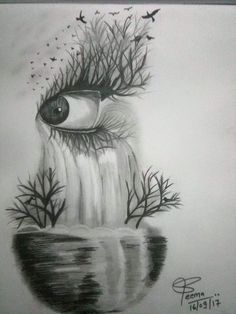 a drawing of an eye with trees and birds flying over the water in front of it