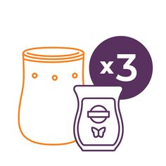 an orange and purple jar with the number three next to it