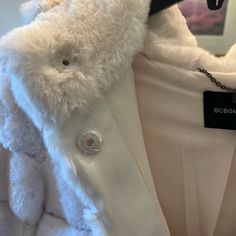 Bcbg Max Azria White Faux Fur Size Large Nwt Super Soft And Beautiful! Elegant Hooded Faux Fur Outerwear, Chic White Outerwear With Faux Fur Trim, Blue Striped Suit, Athleisure Jacket, Purple Blazer, Asymmetric Jacket, Max Azria, Wrap Jacket, Black Zip Ups