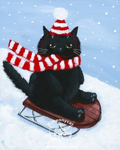 a painting of a black cat wearing a red and white striped hat sitting on a sled in the snow