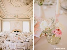 two pictures of tables and chairs with flowers in vases