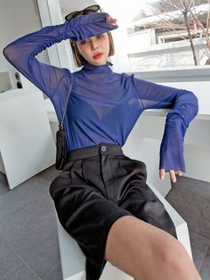 Royal Blue Casual  Long Sleeve Mesh Plain  Embellished Medium Stretch Spring/Summer Women Tops, Blouses & Tee Sheer Top Outfit, Mode Queer, Mesh Top Outfit, Haut Transparent, Mesh Turtleneck, Top Azul, Sheer Jacket, Without Bra, Mesh Tops