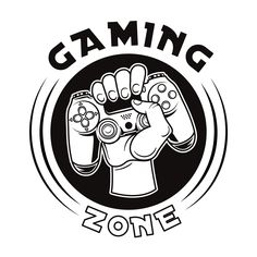 a black and white logo with the words gaming zone written in front of an image of a fist holding two video game controllers