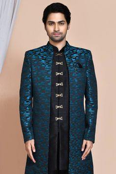 Teal sherwani jacket with all over geometric pattern. Paired with an inner black kurta and churidar. - Aza Fashions Bollywood Style Formal Outerwear For Eid, Designer Festive Kurta For Winter, Designer Nehru Jacket For Festive Winter Occasions, Designer Bandhgala For Festive Winter Occasions, Designer Bandhgala For Festive Winter Events, Designer Festive Winter Kurta, Designer Festive Outerwear For Eid, Designer Blue Nehru Jacket With Traditional Drape, Designer Blue Nehru Jacket For Diwali