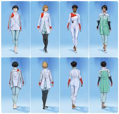 six different views of the same woman's clothing from various angles, including white and red