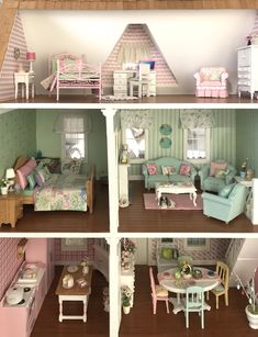 a doll house with furniture and accessories on the top floor is shown in three separate rooms