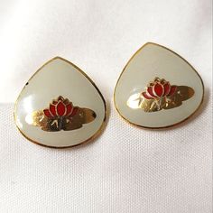 Genuine Cloisonne Earrings Gold Filled Posts Pierced Ears Stamped: Erm Water Lily Or Lotus Flower Design Condition - New Vintage On Earring Card The Card Itself Is Dirty - Some Wear From Storage Vintage And Estate Jewelry May Naturally Show Signs Of Age/Wear From Its Previous Life. Cleaning Or Polishing May Be Desired. Vintage White Earrings For Festive Occasion, Festive White Flower Earrings, Lily Lotus, Cloisonne Earrings, Lotus Flower Design, Earring Card, Earring Cards, Flower Jewelry, Previous Life