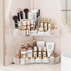 a bathroom shelf filled with lots of beauty products