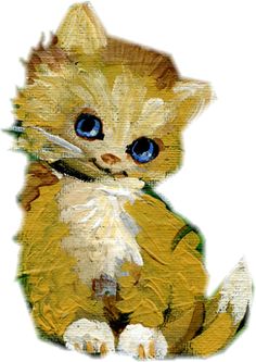 a painting of a kitten with blue eyes sitting down and looking at the camera, on a white background