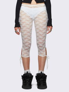 Add a touch of Y2K nostalgia to your wardrobe with our White Sheer Lace Capri Leggings, featuring cute side bows. Shop more capri lace pedal pushers at Minga London! Minga London, Pedal Pushers, Lace Leggings, Ootd Outfits, Sheer Shorts, Boring Clothes, Grunge Style, Capri Leggings, Fall Outfits Women