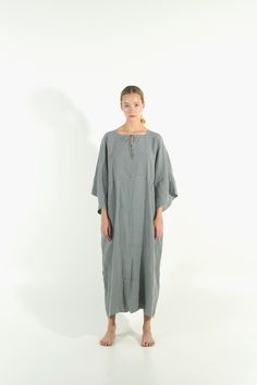 "100% soft linen (180gr/sq.m.) This carefully tailored women's ONE SIZE dress is made of cool and light pure linen. It's a stylish outfit for women with distinct taste, for any occasion. NO BUTTONS, NO BUTTONHOLES, NO ZIPS ZERO SHRINKAGE FITTING: The model appearing in the photo is 176cm (5' 9\") tall. Because of the kaftan's loose style ONE size FITS ALL. ONE SIZE -RECTANGULAR PATTERN BUST-WAIST-HIPS 134cm/ 53\" LENGTH 130CM / 51\" Thank you for shopping from YUMElabel. Enjoy this beautiful lin Oversized Linen Bohemian Kaftan, Oversized Linen Kaftan For Spring, Oversized Linen Tunic For Loungewear, Oversized Linen Tunic For Daywear, Relaxed Linen Tunic For Loungewear, Casual Long Sleeve Linen Kaftan, Relaxed Fit Linen Tunic For Loungewear, Linen Kaftan For Daywear, Relaxed Fit Linen Kaftan Tunic