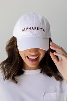 Calling all Alpharetta residents, the White Alpharetta Embroidered Hat was made just for you! This cute hat is made of a soft cotton construction. It has a rounded top and a slightly rounded brim with "Alpharetta" embroidered on the front! Adjustable Strap Embroidered 100% Cotton Spot Clean with Damp Cloth or Sponge One Size Fits Most Cute Hat, Embroidered Hat, Embroidered Hats, Cute Hats, The White, Best Sellers, Adjustable Straps, Dress Up, Hats