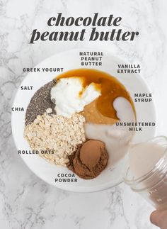 ingredients to make chocolate peanut butter in a bowl on a marble counter top with text overlay