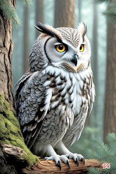 an owl is perched on a tree branch in the middle of a pine - filled forest