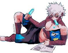 an anime character laying on the ground with a book and pen in his hand,