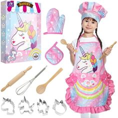 Creative Kids Apron Kitchen Set for Boys Girls Encourage Imagination - Chef Role Play Teach Cooking & Baking 11Pcs little girls chef hat and apron for the budding chef, adorable little utensils go along perfectly with a play kitchen, perfect play kitchen accessories for the aspiring baker in her life. Toddler baking apron set really sparks the imagination for girls, as a parent and child thing together baking with them using their own equipment. Children make creative graphics with different con Kids Chef Hat, Baking With Toddlers, Chef Hats For Kids, Toddler Dress Up, Chef Costume, Kids Aprons, Kid Chef, Kitchen Sets For Kids, Play Kitchen Accessories