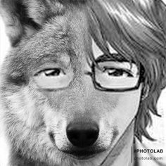 a man with glasses and a wolf's head in front of him is looking at the camera