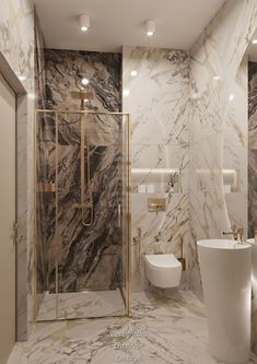 a bathroom with marble walls and flooring, including a walk in shower next to a toilet