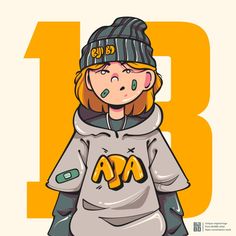 a girl wearing a hat and sweatshirt with the number thirteen on her chest, standing in front of an orange background