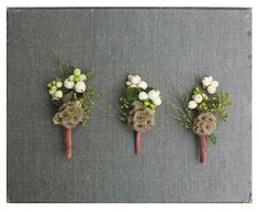 three boutonnieres with white flowers are arranged on a gray board