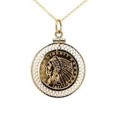 This 14K yellow gold pendant features a bezel set vintage quarter eagle 2.5 dollar US gold coin. The pendant is made of solid 14K yellow gold and the coin is securely held in place by a bezel setting, adding a unique touch to this piece of jewelry. The quarter eagle coin is a historical piece of American currency and makes for a one-of-a-kind accessory. Perfect for collectors and history buffs alike. ✔ Bezel Material: 14K yellow gold  ✔ Width: 25.5mm  ★ Ships from Miami Florida ★ SHIPPING TIMES: Collectible Round Coin Pendant Jewelry, Heirloom Coin Pendant Collectible Jewelry, 14k Gold Coin Jewelry Stamped 14k, Vintage Yellow Gold Jewelry With Coin Pendant, Vintage Coin-shaped Tarnish Resistant Jewelry, Vintage Tarnish-resistant Coin-shaped Jewelry, Vintage Tarnish-resistant Coin Jewelry, Classic 14k Gold Coin Pendant Jewelry, Vintage 14k Gold Coin Jewelry