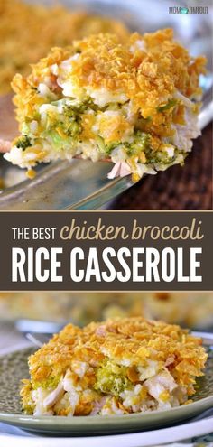 broccoli rice casserole on a plate with text overlay