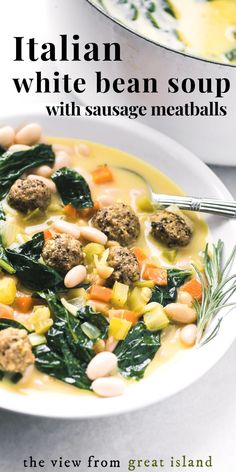 two bowls of soup with meatballs, spinach and carrots on the side