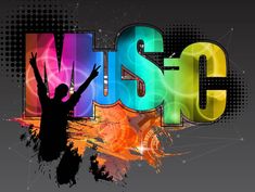 the word music is surrounded by colorful letters and an image of a person raising their hands