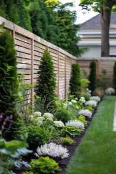 a garden with green grass, white flowers and trees in the back yard is lined by a wooden fence