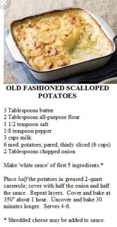 an old fashioned potato casserole recipe is shown