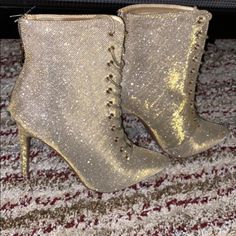 Shimmery Gold Booties. Back In Stock. Pretty Shoes, Back In Stock, Shoe Dazzle, Shoes Heels Boots, Shoes Women Heels, Heeled Boots, Shoes Heels, Heels, Boots