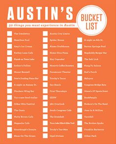 an orange and white checklist with the words, austin's bucket list