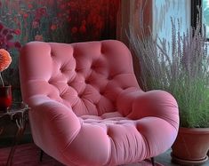 a pink chair sitting in front of a window next to a vase filled with flowers