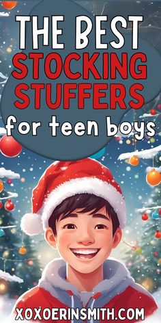 smiling teenage boy with santa hat and title The Best Stocking stuffers for teen boys.