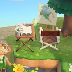 an animated man standing in front of a painting easel on top of a grass covered hill