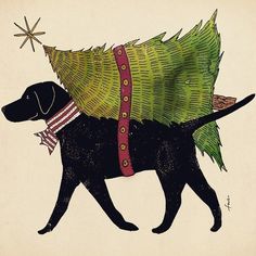 a black dog carrying a christmas tree on its back