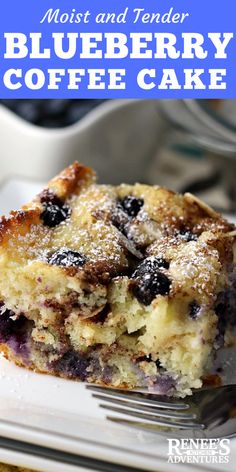 blueberry coffee cake on a plate with a fork