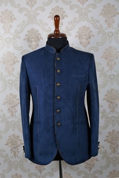 #Blue suede slim fit #grand #suit with mandarin collar & full sleeves -ST388 Ethenic Wear, Suit Styles, Bal Gopal, Mens Sherwani, Mosque Art, Gentleman's Wardrobe, Suits Men, Designer Suits For Men, Long Coats