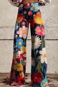 Look Boho Chic, Flower Geometric, Mid Waist Pants, Estilo Hippie, Casual Wide Leg Pants, Stylish Pants, Elegante Casual, Fall Fits, Button Flowers