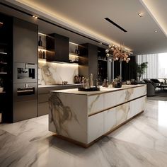 a modern kitchen with marble counter tops and cabinets