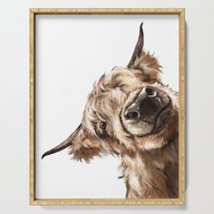 a painting of a dog's head with long hair and big eyes framed in a wooden frame