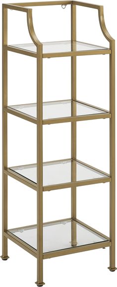 a gold metal and glass shelf with three shelves on one side, the top half is empty