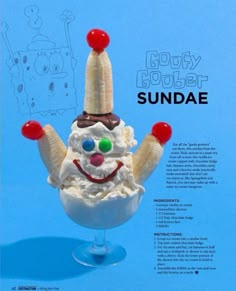 an ice cream sundae with bananas and candy on top is featured in this ad