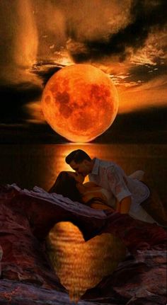 a man and woman sitting on top of a bed under a red moon